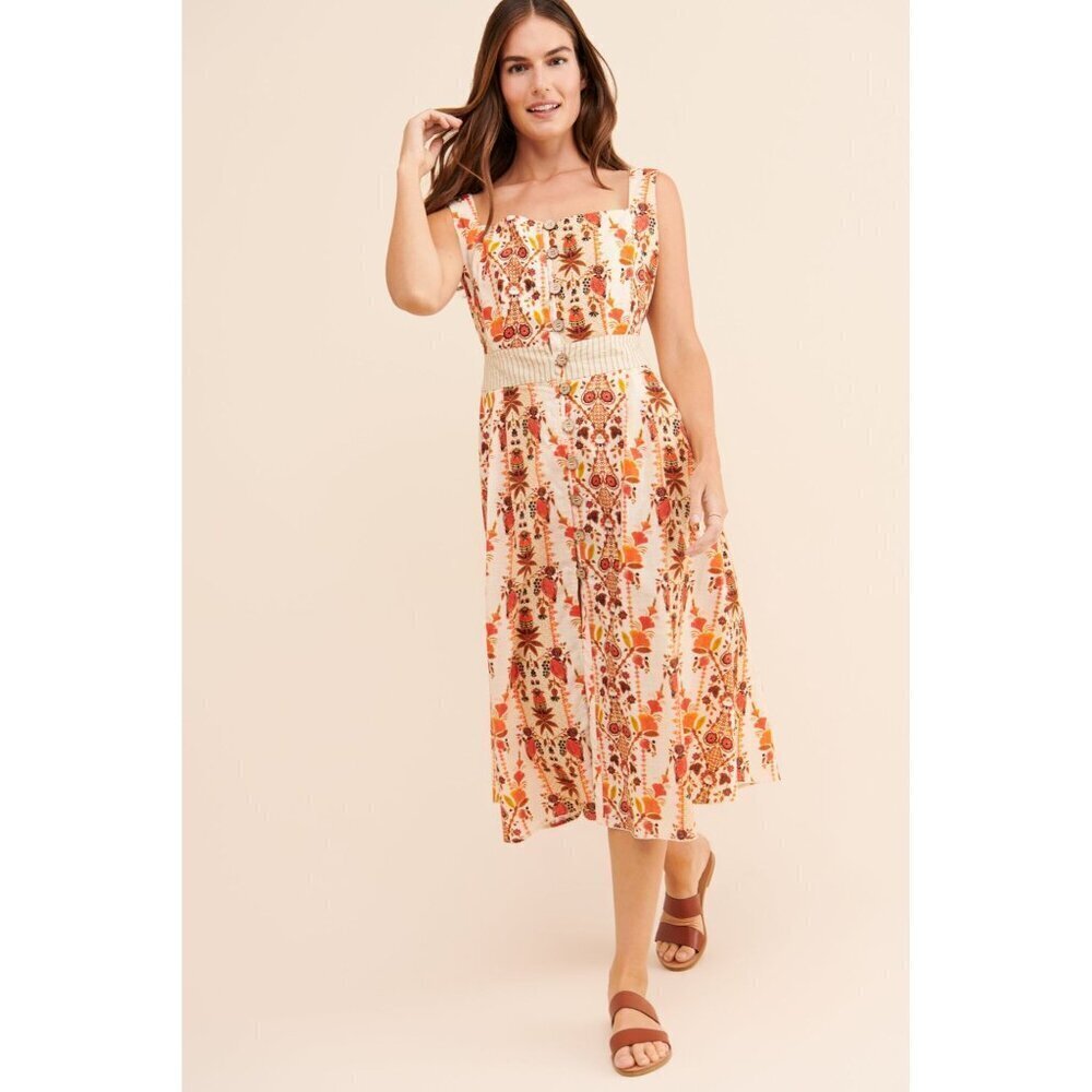 Agua Bendita Goldenrod Button Midi Dress Jazmin Orange Cream Womens Size Large